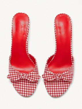 Red Elegant Women's gingham plaid Round Toe High Heel Mules Sandals Shoes